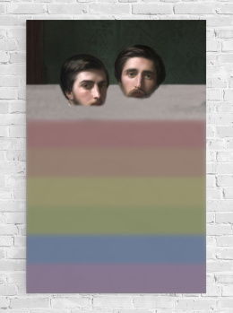 Painting printed on the fence "Two men in a rainbow"