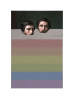 Painting printed on the fence "Two men in a rainbow"