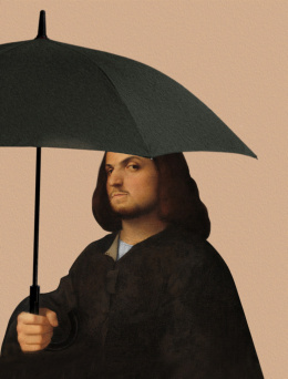 Painting printed on canvas. A man with an umbrella.