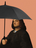Painting printed on canvas. A man with an umbrella.