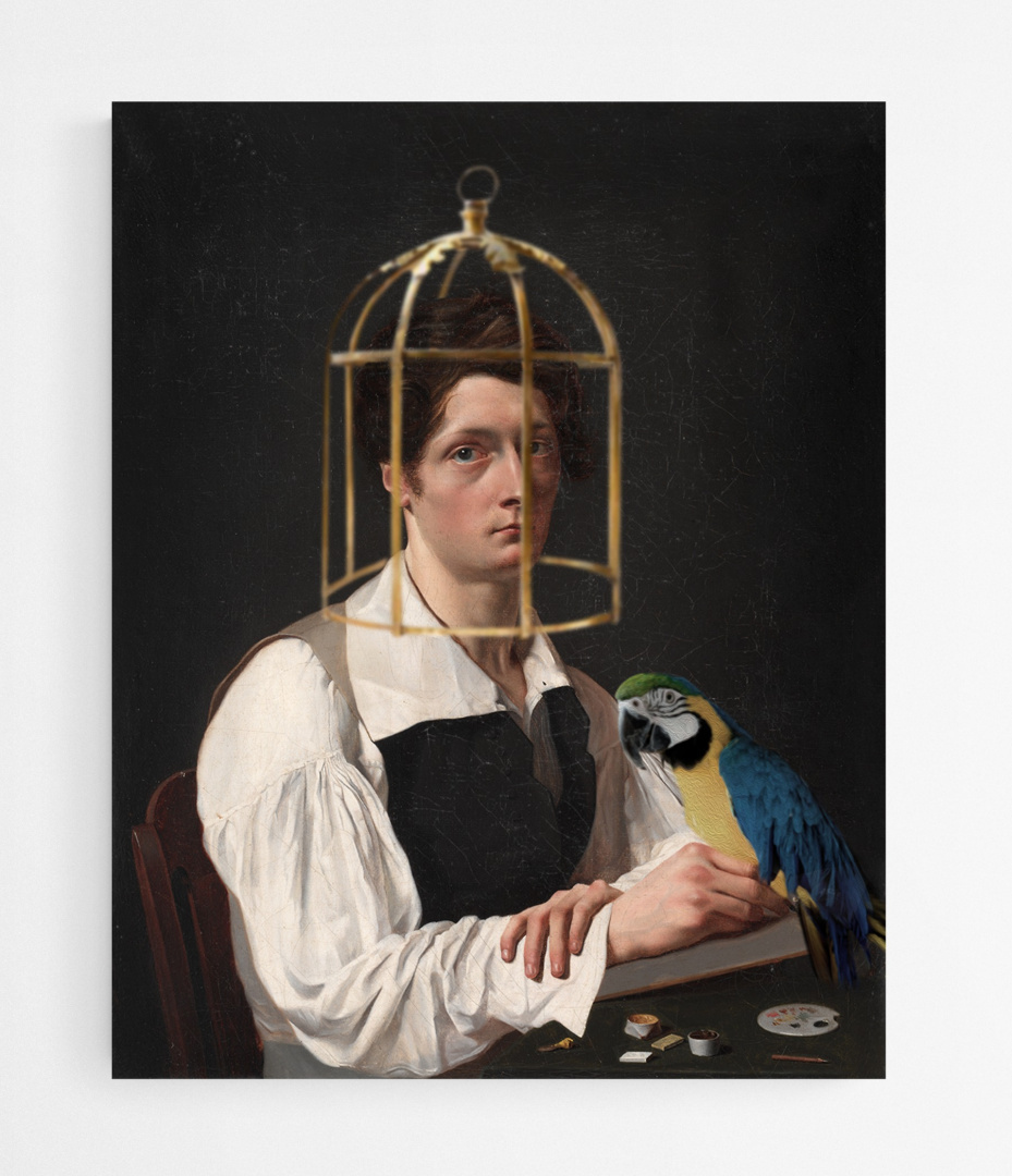 Painting printed on canvas "Young man with a bird".