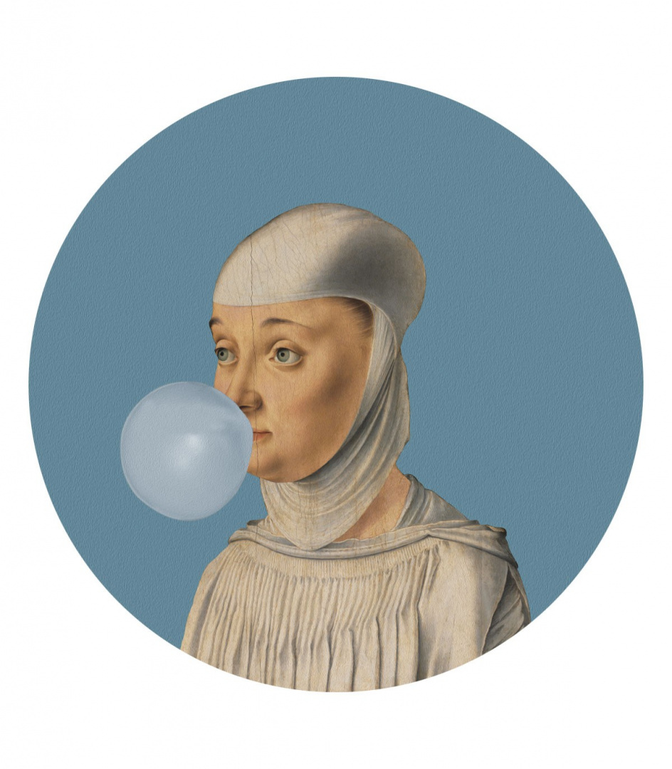 Wall decoration - mural DOTS Woman with Bubble Gum Blue