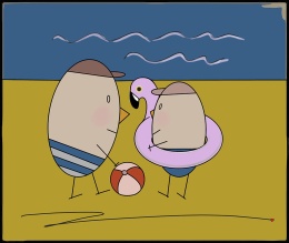 ARTWORK ON CANVAS - MR. EGG WITH HIS SON ON THE BEACH